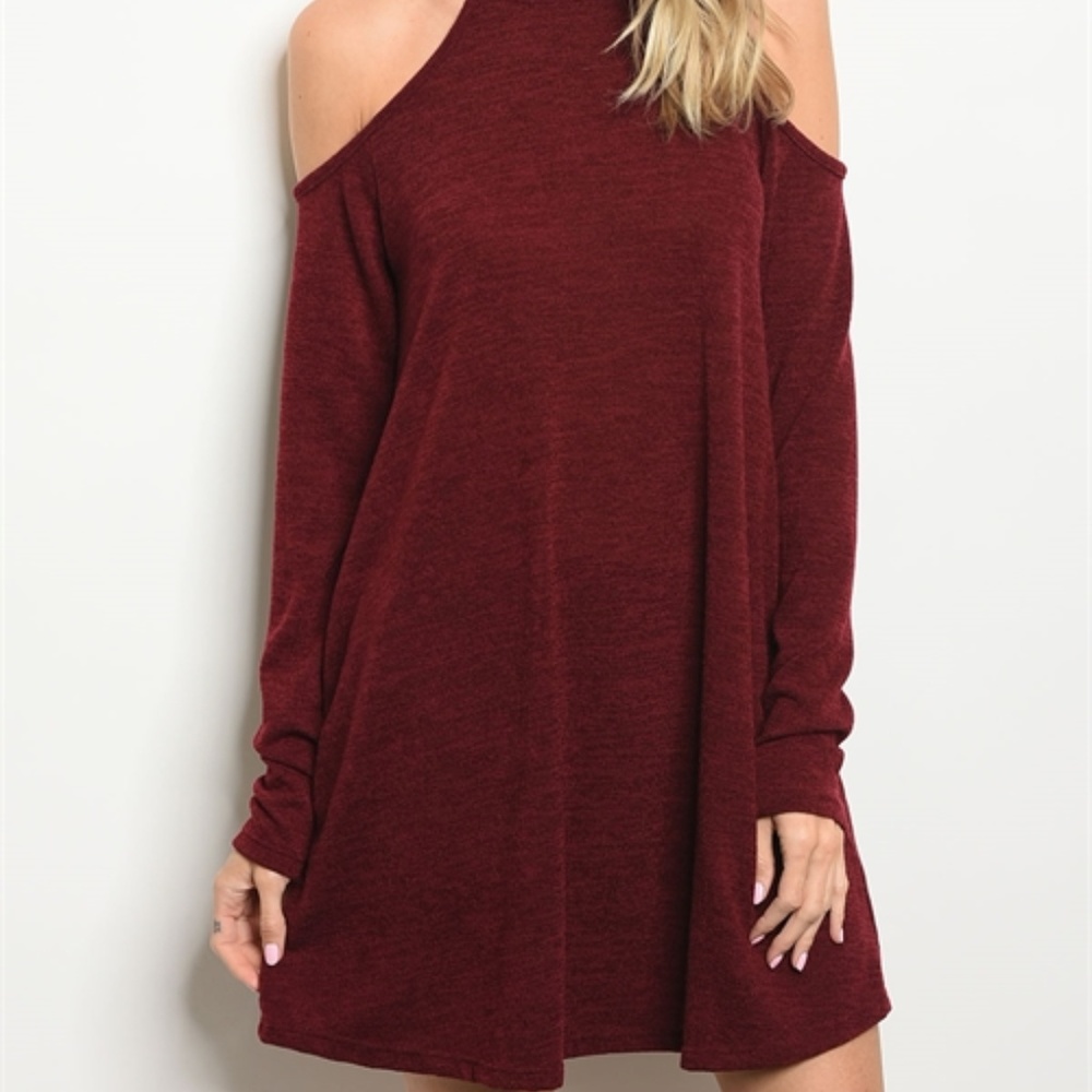 Open Shoulder Burgundy Dress